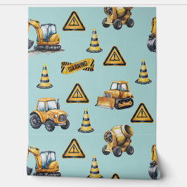 Blassblaue und gelbe Baufahrzeuge Tapete