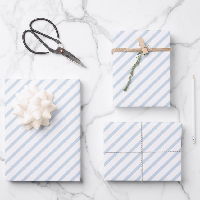 Blassblaue, weiße Streifen - Papiertücher Geschenkpapier Set (Vorderseite)