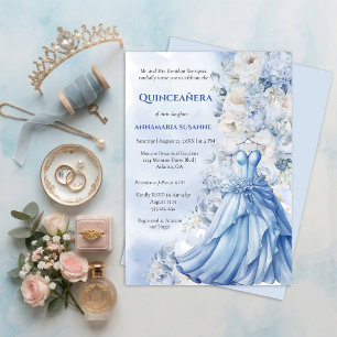 Blassblauer Blumen-Quinceañera-Ballkleid Einladung