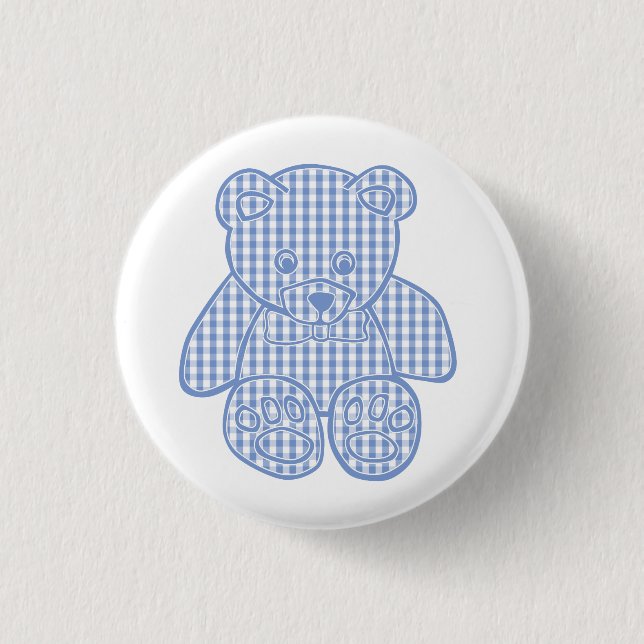 Blassblauer Pastell-Gingham-Teddybär Button (Vorderseite)