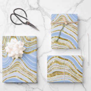 Blassblauer und goldener Marmor-Look Geschenkpapier Set