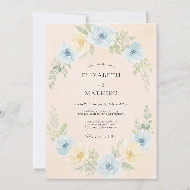 Blasse Blaue Blumige Hochzeit Einladung (Vorderseite)