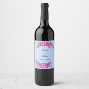 Blasse blaue Farbe mit elegantem rosa Blumengarten Weinetikett