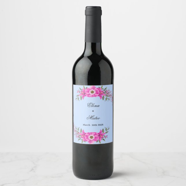 Blasse blaue Farbe mit elegantem rosa Blumengarten Weinetikett (Vorderseite)