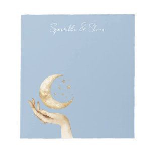Blasse Blaue Mond Sterne Hand Gold Notizblock