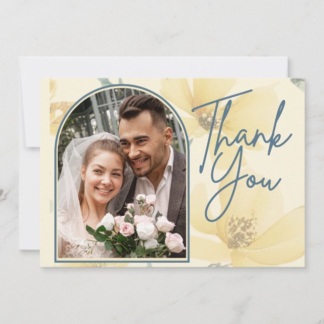 Blasse Butter Gelbe weiche blaue Blütenblume Hochz Dankeskarte (Butter Yellow & Pale Blue Floral Wedding Thank You Card)