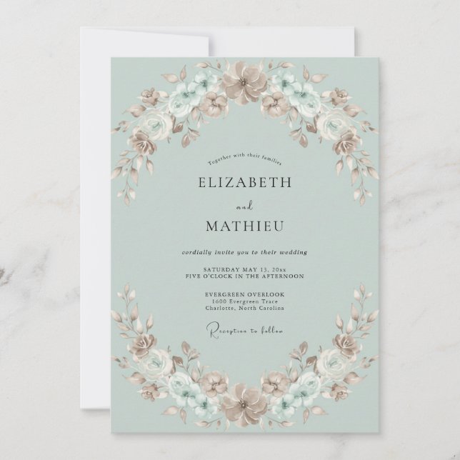 Blasse Celadon-Blüten-Hochzeit Einladung (Vorderseite)
