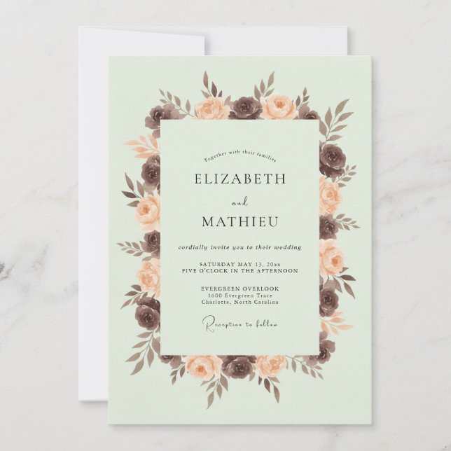 Blasse Grüne Hochzeit mit Blumen Einladung (Vorderseite)