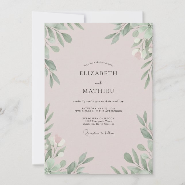 Blasse Mauve-Blatt-Hochzeit Einladung (Vorderseite)