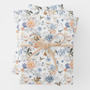 Blasse Pfirsich-Rosé Blau-Vogel Geschenkpapier Set