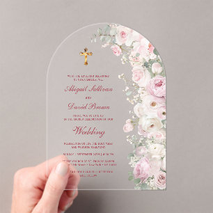 Blasse rosa Blumenbogen religiöse Hochzeit Acryleinladungen