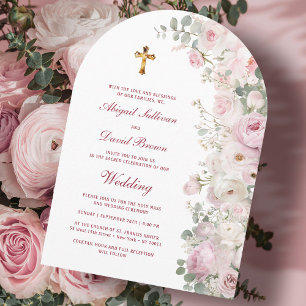Blasse rosa Blumenbogen religiöse Hochzeit Einladung