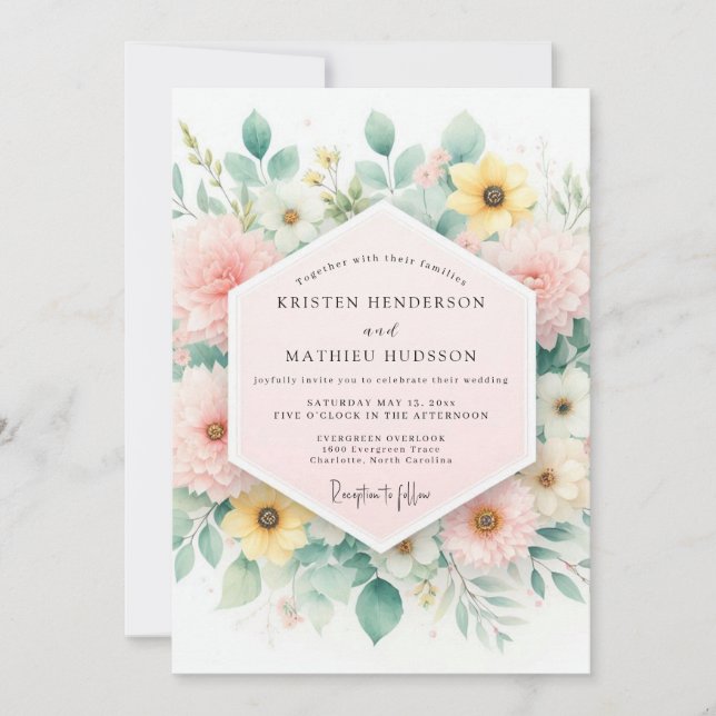 Blasse rosa Blumenwiese Hochzeit Einladung (Vorderseite)
