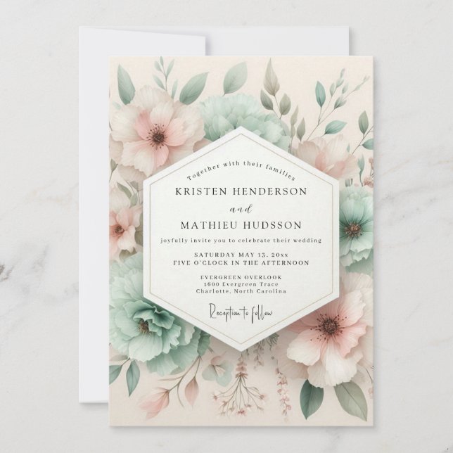 Blasse rosa botanische Blütenhochzeit Einladung (Vorderseite)