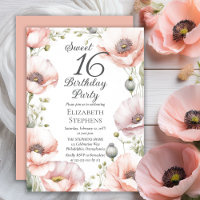 Blasse rosa Mohnblumen Florale Sweet 16 Geburtstag