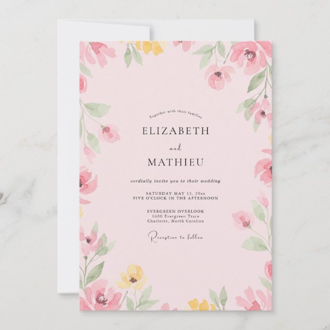 Blasse Rosa Wildblumen-Hochzeit Einladung (Vorderseite)