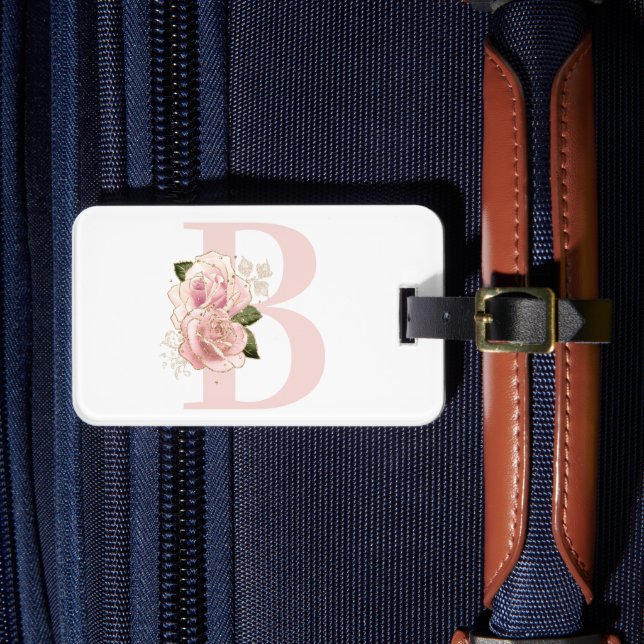 Blasse Rose Gold Floral Monogramm Gepäckanhänger (Vorderseite Insitu 4)
