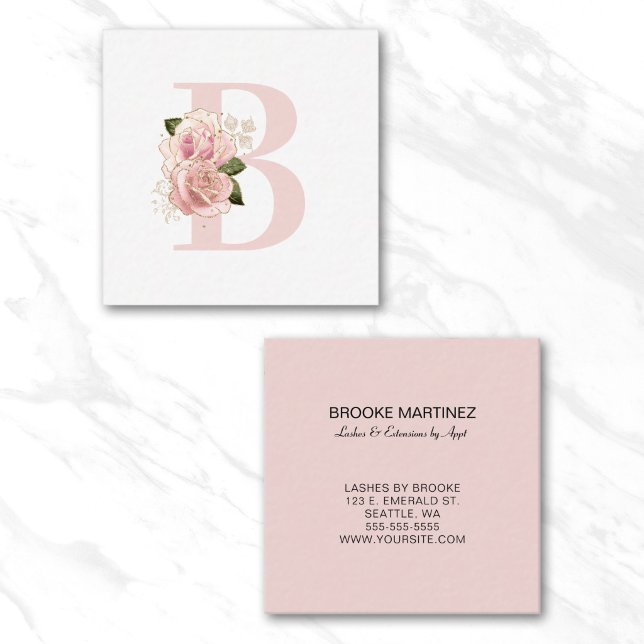 Blasse Rose Gold Floral Monogramm Quadratische Visitenkarte (Pale Rose Gold Floral Monogram Square Business Card)