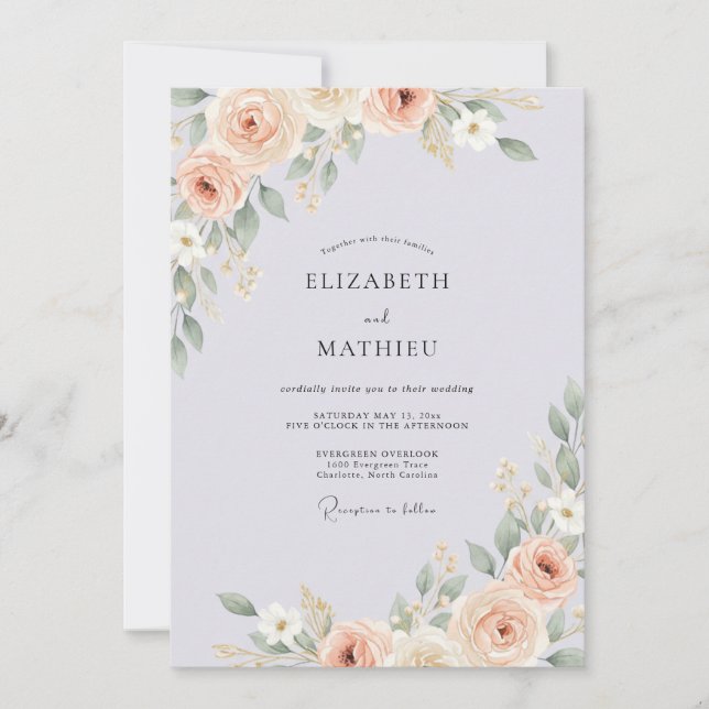 Blasse Veilchen-Ranunculus-Eukalyptus-Hochzeit Einladung (Vorderseite)
