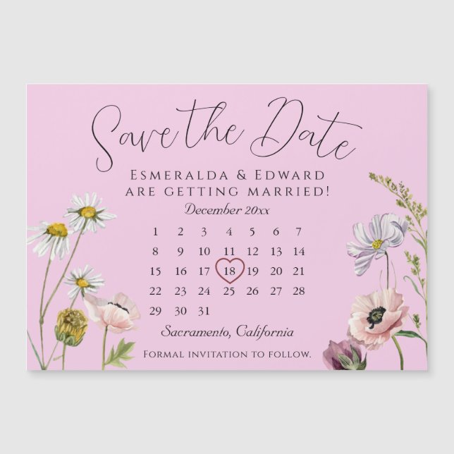 Blasser Lila Blume Hochzeitkalender Save the Date Magnetkarte (Vorderseite)