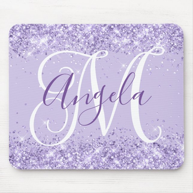 Blasses Lavendel-Glitter Elegantes Skript-Monogram Mousepad (Vorne)