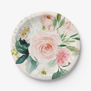 Blasses Rosa Wasserfarben-Blumenmuster Pfirsich El Pappteller