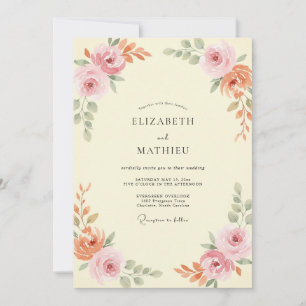 Blassgelbe Pfirsich-Botanical-Aquarell-Hochzeit Einladung