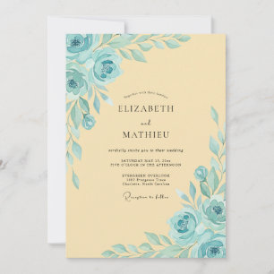 Blassgelbe romantische Aquarell-Rosen-Hochzeit Einladung