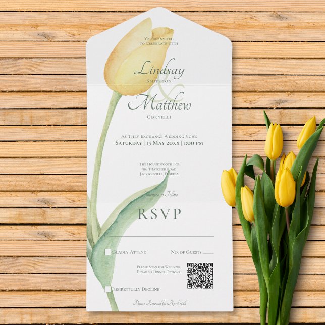 Blassgelber Tulip Solo Pink Moderner QR-Code All In One Einladung (Pale Yellow Tulip Solo Pink Modern QR Code All In One Invitation)