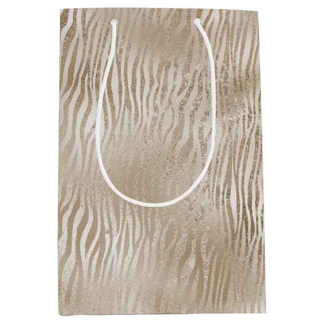 Blassgoldene Glam Glitzy Zebra Druckstreifen Mittlere Geschenktüte (Vorderseite)