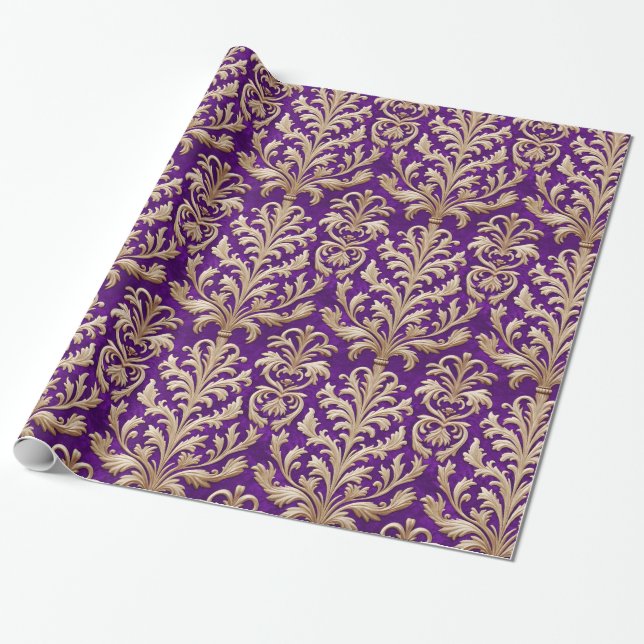 Blassgoldfloral Damask Royal Lila Velvet Geschenkpapier (Ungerollt)