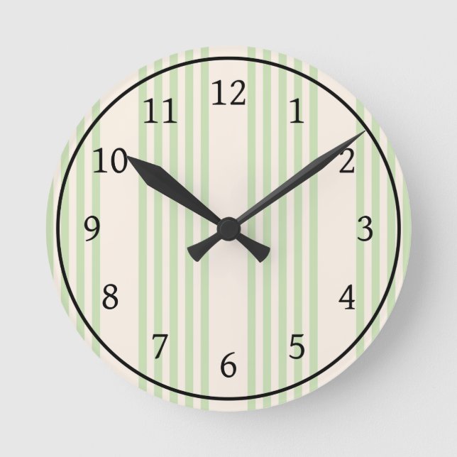 Blassgrün und beige Streifen Muster Wall Clock Runde Wanduhr (Vorderseite)
