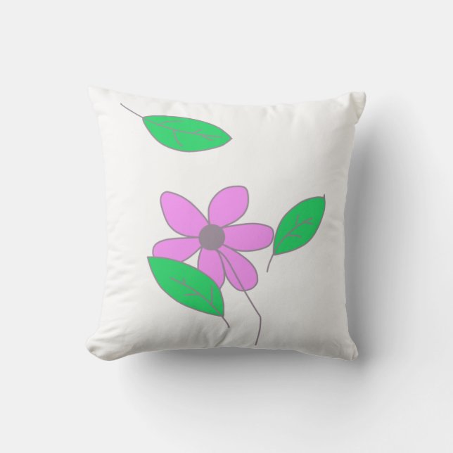 Blassgrüne Blätter Rosa Blume Sketch Kissen (Vorderseite)