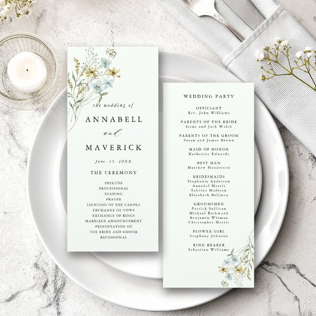 Blassgrüne delikate Wildblume Boho Wedding Programm (Front & Back)