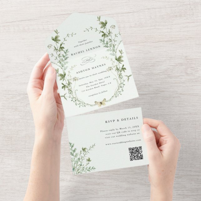 Blassgrüne Elegante Wildblume QR Code Hochzeit All In One Einladung (Abreißen)