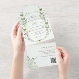 Blassgrüne Elegante Wildblume QR Code Hochzeit All In One Einladung