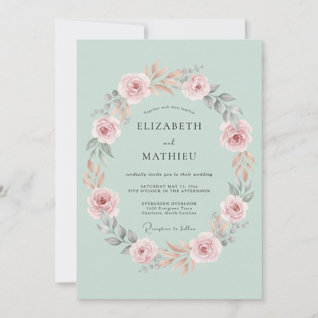 Blassgrüne florale Hochzeit Einladung (Vorderseite)