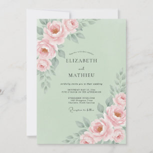 Blassgrüne romantische Blumenhochzeit Einladung