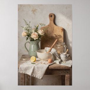 Blassgrüner Krug, Rosen und Zitrone Poster