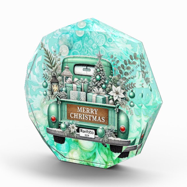 Blassgrüner Vintager Lkw Frohe Weihnachten Fotoblock (Rechts)