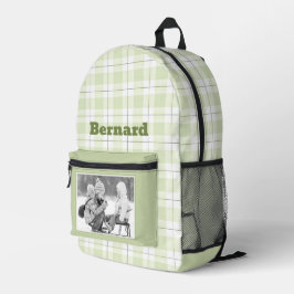 Blassgrünes Gingham Kariertes Muster Name und Foto Bedruckter Rucksack