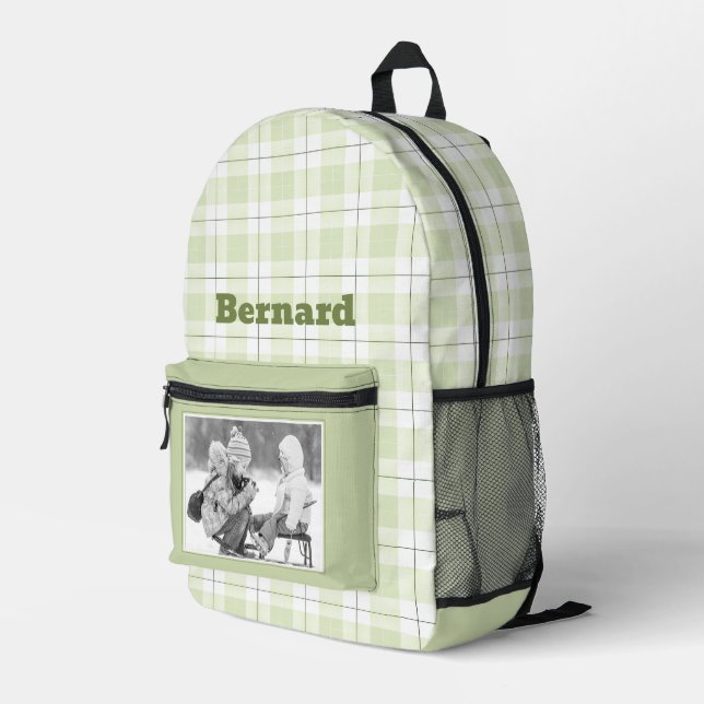 Blassgrünes Gingham Kariertes Muster Name und Foto Bedruckter Rucksack (Rückseitige Ecke Rechts)