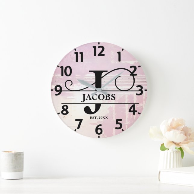 Blasslavender Distressive J Monogram Große Wanduhr (Zuhause)