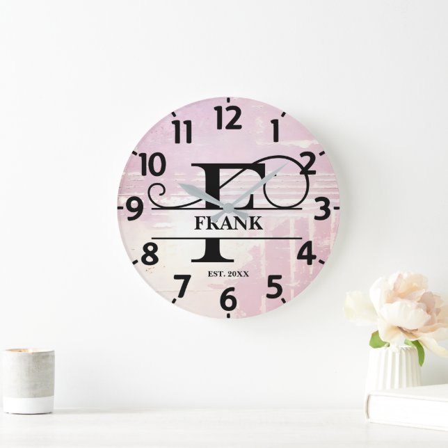 Blasslavender gestörte F-Monogramm Große Wanduhr (Zuhause)