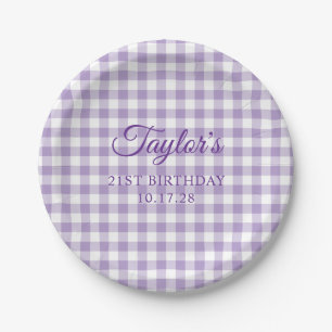 Blasslila Gingham-Karo 21. Geburtstag Pappteller