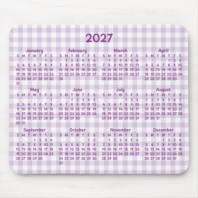 Blasslila Gingham Whimsical 2027 Kalender Mousepad (Vorne)