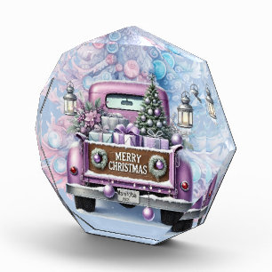 Blasslila Vintage-LKW Frohe Weihnachten Fotoblock