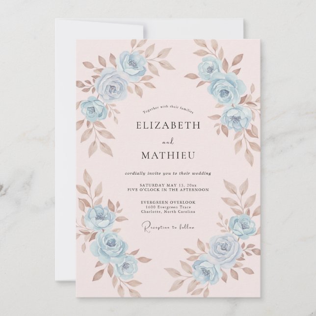 Blassrosa Azure Bemalte Hochzeit Einladung (Vorderseite)