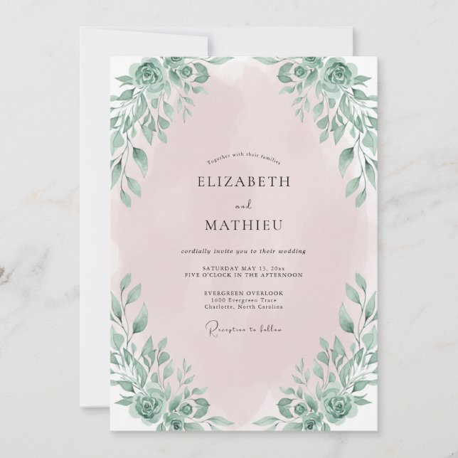 Blassrosa Blätterhochzeit Einladung (Vorderseite)