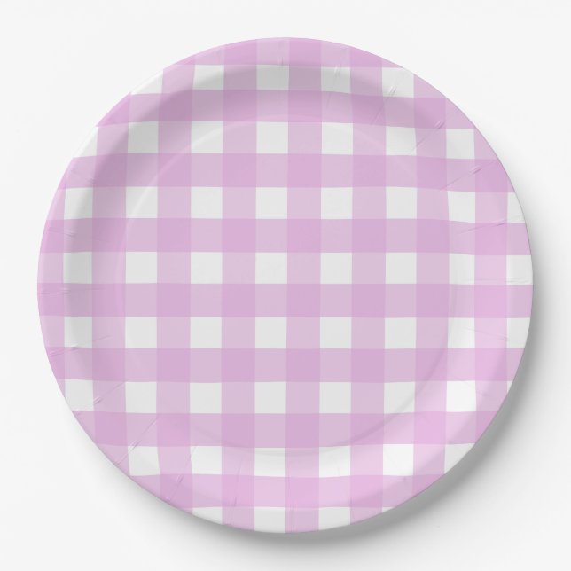 Blassrosa Gingham Pappteller (Vorderseite)